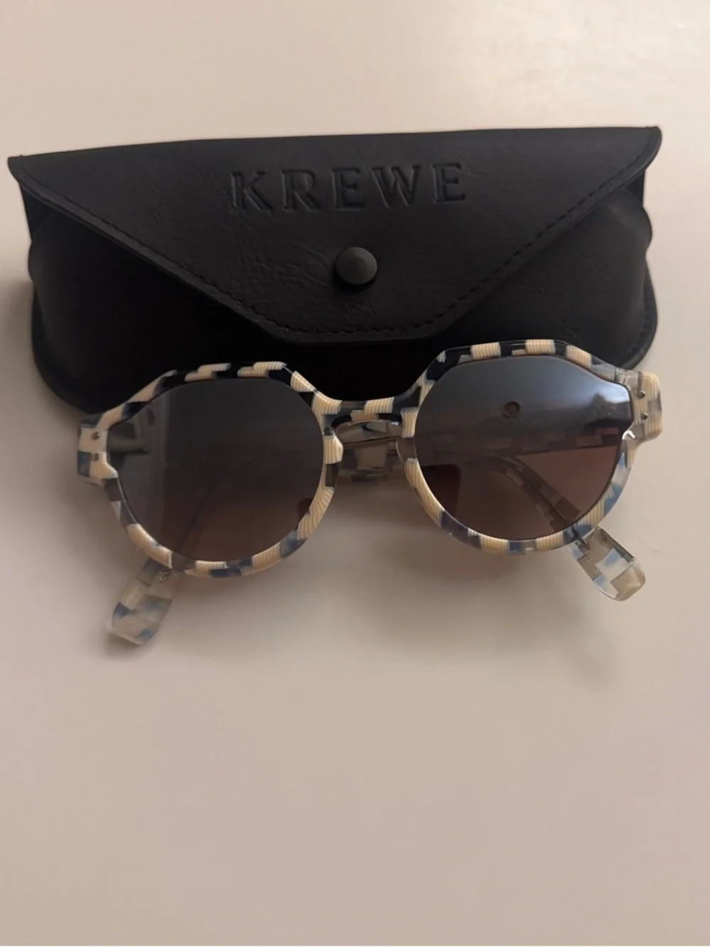 KREWE Cream and Blue Check Round Sunglasses